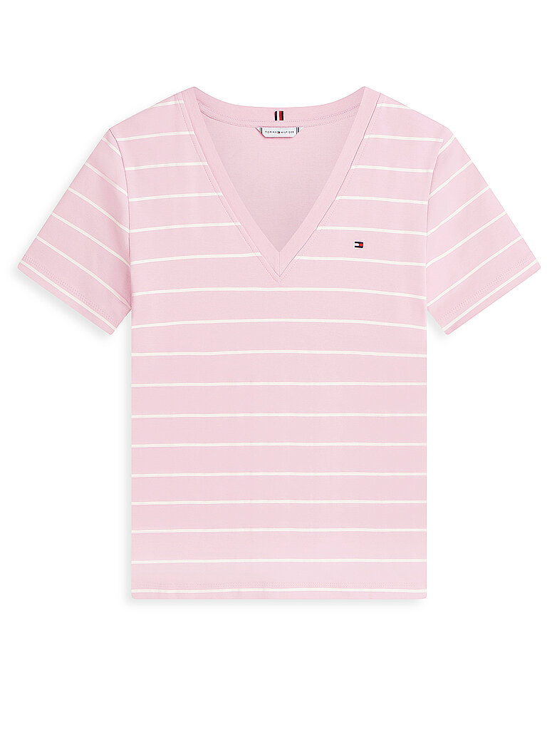 Tommy Hilfiger T-shirt à Manches Courtes Et Col En V Slim Cody Fine Stp Bonita Pink / Ecru S Femme 3